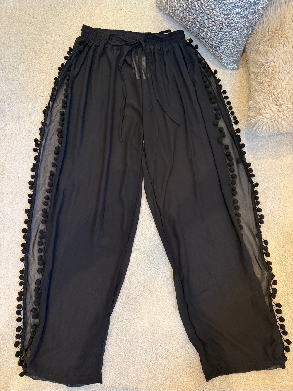 Black Wide-Leg Pom-Trim Open Leg Sheer-Panel Pants
